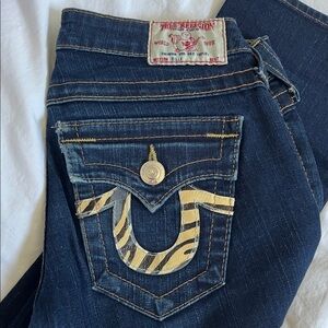 True Religion Womens Billy Dark Denim Jeans Tiger Leather animal print Accents